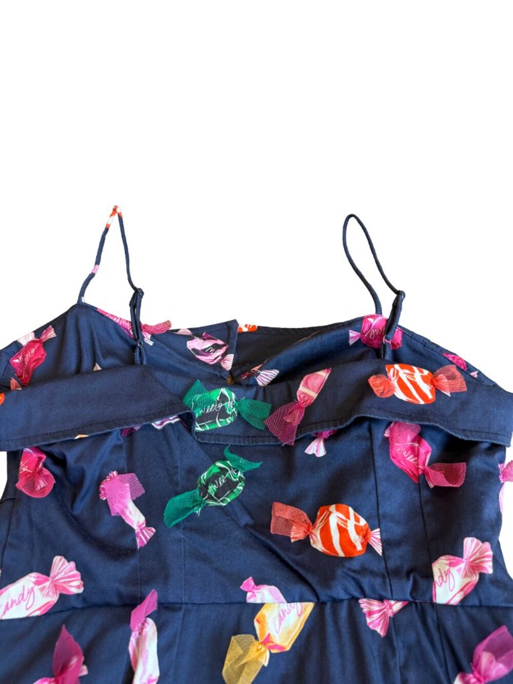 Maeve Navy Candy Print Ruffle Button Front Dress Stretchy Size 8 Women's - Picture 7 of 13
